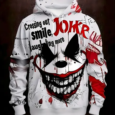 Men's Casual Sports Fitness Outdoor Home Hooded Sweater, Comfy Streetwear, Graphic Streetwear Clothing, Graphic Print Hoodie, Clown Pattern 3D Printing, Elastic, With Drawstring Pocket, Knitted Fabric, Spring Autumn Winter