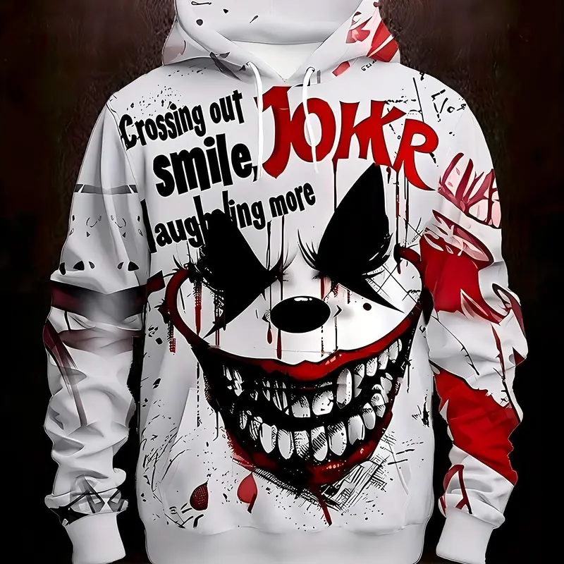 Men's Casual Sports Fitness Outdoor Home Hooded Sweater, Comfy Streetwear, Graphic Streetwear Clothing, Graphic Print Hoodie, Clown Pattern 3D Printing, Elastic, With Drawstring Pocket, Knitted Fabric, Spring Autumn Winter