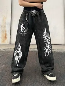 "warrior's Tombstone" Men's Washed Drawstring Long Pants, Casual Fitted Style for All Seasons, Unique Random Print Design