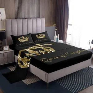 Queen Pattern Bed Sheets Set,Crown Printed Sheet Set,Modern Sheets with Deep Pocket Fitted Sheet,Women Men Abstract Art Gold Black Bedding Set