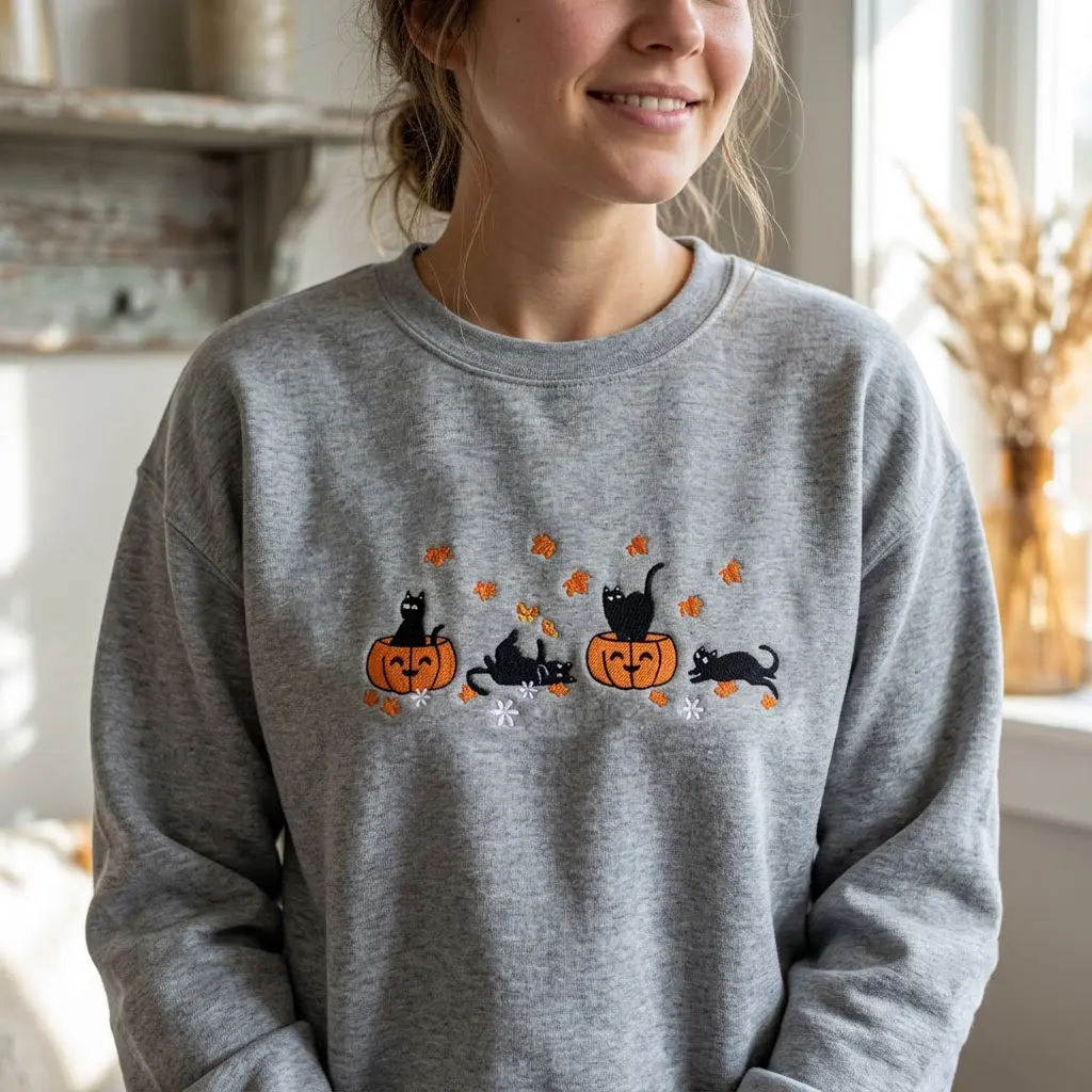 Embroidered Pumpkin Cat Sweatshirt  Spooky Season Shirt, Halloween Lover Gifts, Ghost and Pumpkin Crewneck Cotton Hoodie