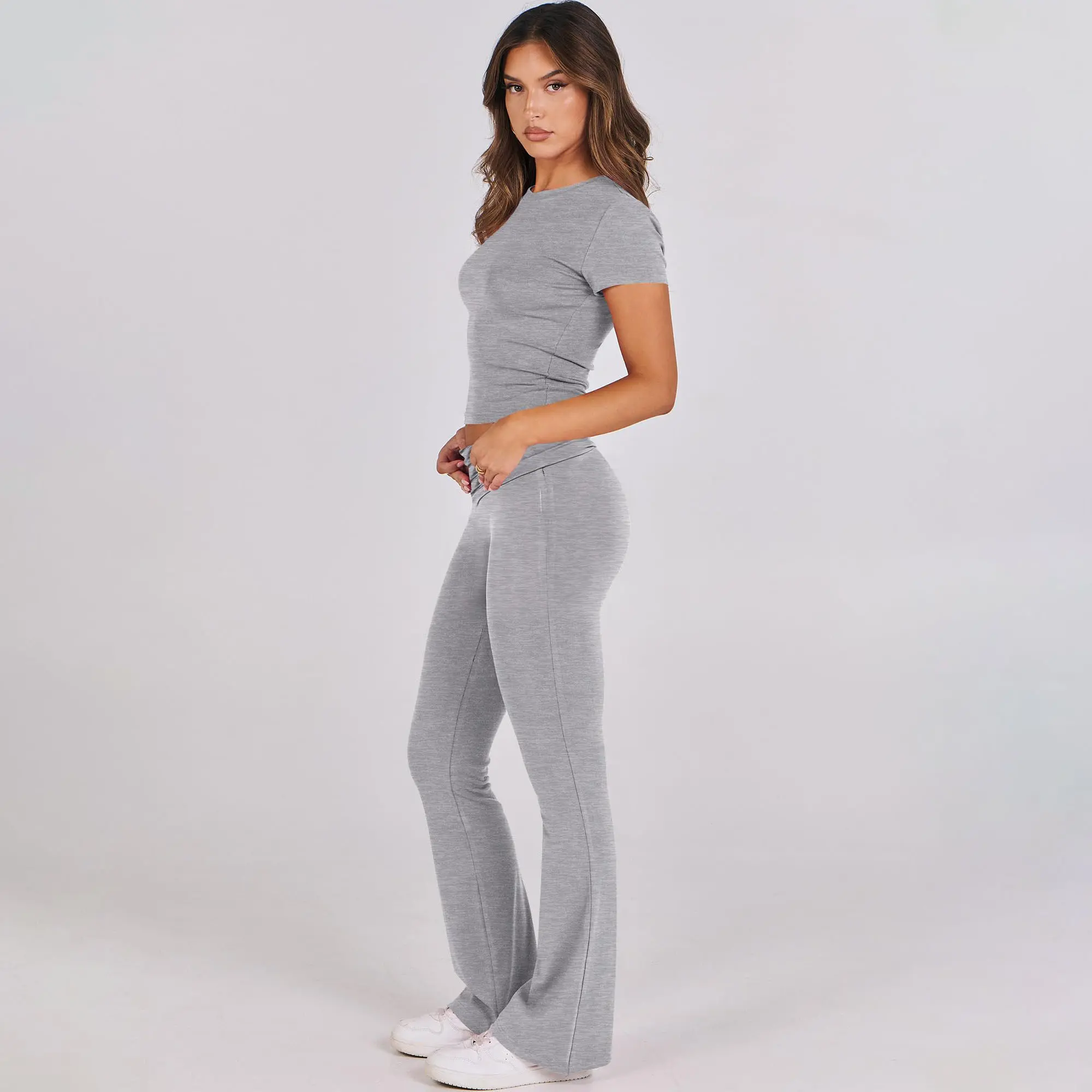 ANRABESS Women's 2 Piece Lounge Sets Fold-over Flare Pants Set Shorts Sleeve Y2K Cropped Top Casual Matching Outfits Pajamas Loungewear Nightwear Womenswear