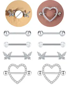 4 Pairs 14 Gauge Cute Heart Butterfly CZ Nipple Rings Nipple Piercing Jewelry Body Piercings Hypoallergenic Stainless Steel Nipple Barbell Nipple Rings Set