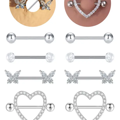 4 Pairs 14 Gauge Cute Heart Butterfly CZ Nipple Rings Nipple Piercing Jewelry Body Piercings Hypoallergenic Stainless Steel Nipple Barbell Nipple Rings Set Body Jewellery