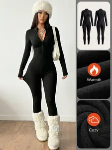 Women's V-Neck Bodycon Jumpsuit, Schoolgirl Style, Simple Minimalist Youthful Holiday Casual Fashion, Vintage Natural Versatile Quality