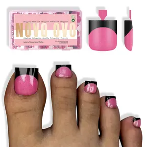 NOVO OVO Halloween Press on Toenail Tips - Black French Tip, Rose Pink Sharp Square Pre-Designed Soft Gel Acrylic Toenails, Medium Wide Full Cover, 15 Sizes 240 Pcs (No Glue, Top Coat or Lamp), Press On Nails, Acrylic Toe Nails