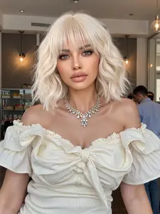 10 Inch Short Curly Wigs for Women, Gorgeous Fluffy Wigs with Blunt Bangs, Synthetic Full Machine Wigs for Party, Daily Use