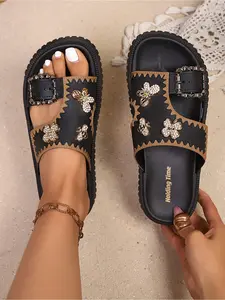 Women's Water Drill Bee Flower Thick Sole Sandals, Square Toe Slip-On Summer Casual Shoes, Comfortable Outdoor Footwear, Square Toe Slide