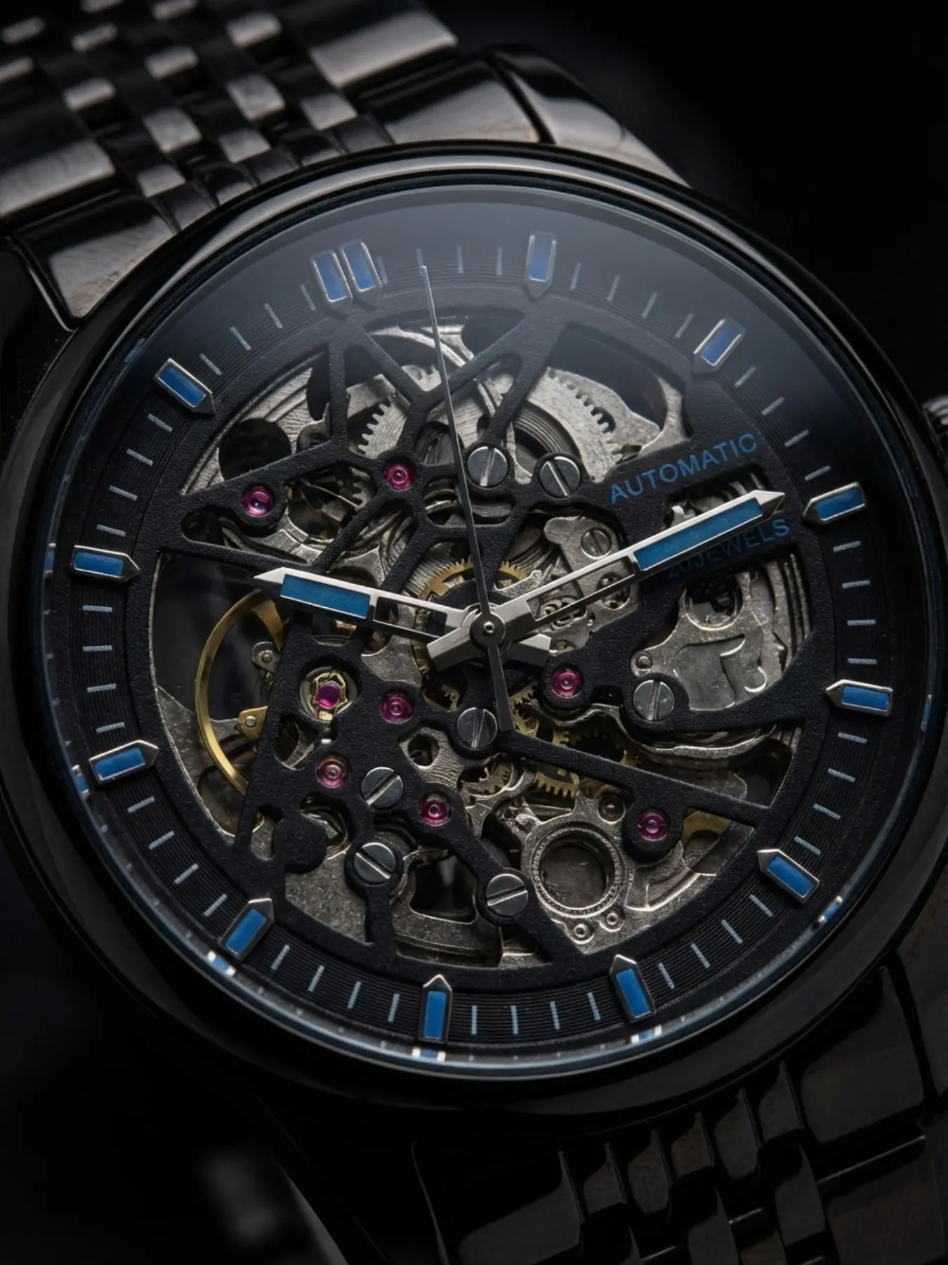 Luxury Warrior Skeleton Mechanical Watch, Transparent Dial, Automatic Movement, Blue Markers, Stainless Steel Strap, All Seasons, Fashion Watch, Mechanical Wristwatches, Analog Mechanical Watches