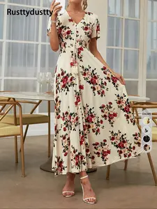 Women's Floral Print Button Front Dress, Boho Frenchy Style Short Sleeve Dresses, Summer Outfits 2024, Women's Clothes for Summer Beach Vacation Holiday