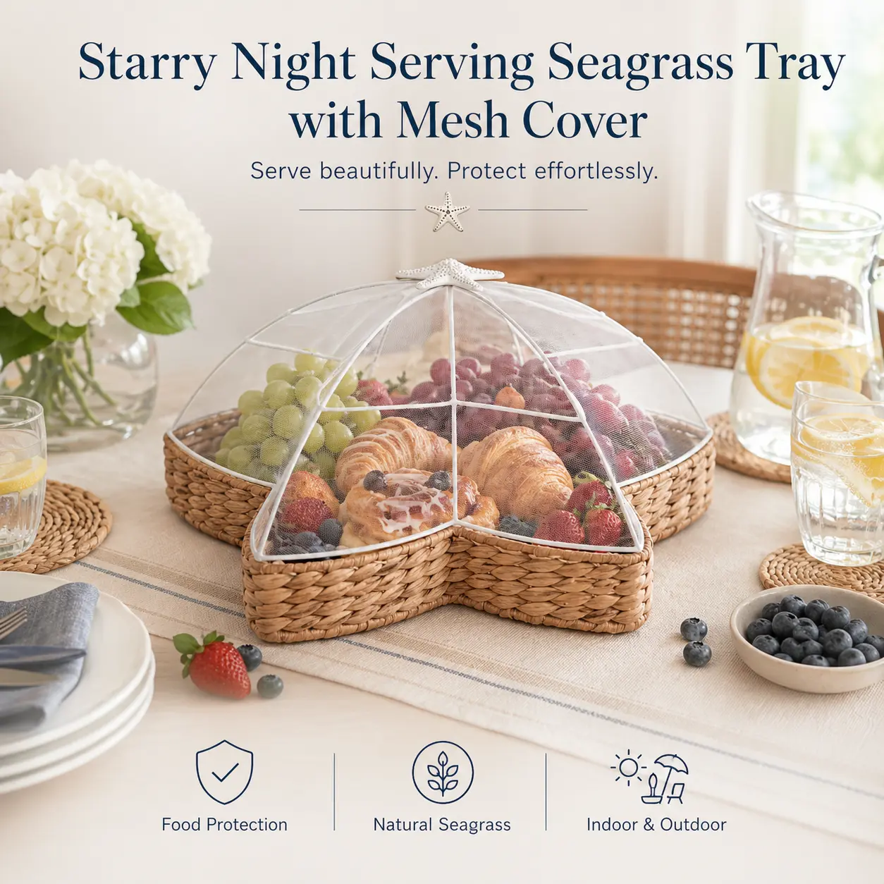 Starry Night Seagrass Serving Tray with Mesh Cover, Natural Woven Food Cover Tray for Outdoor Entertaining, Indoor Serving & Home Decor