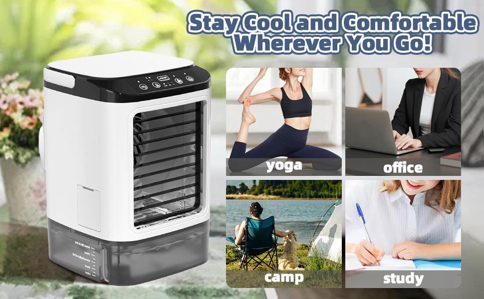 Portable Air Conditioner 4-in-1 Mini Personal ac Unit Upgraded Air Cooler Cooling Fan Small Air Conditioner 900ml Tank 3 Cool Mist & Speeds & 7 Night Light for Room Office Camping Car