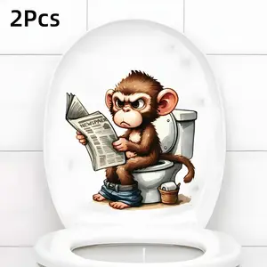 2pcs Funny Animal Wall Stickers, Creative Monkey Toilet Paper Holder, Elephant Toilet Lid Sticker, Elephant Design, Waterproof PVC, Removable, Home Decor