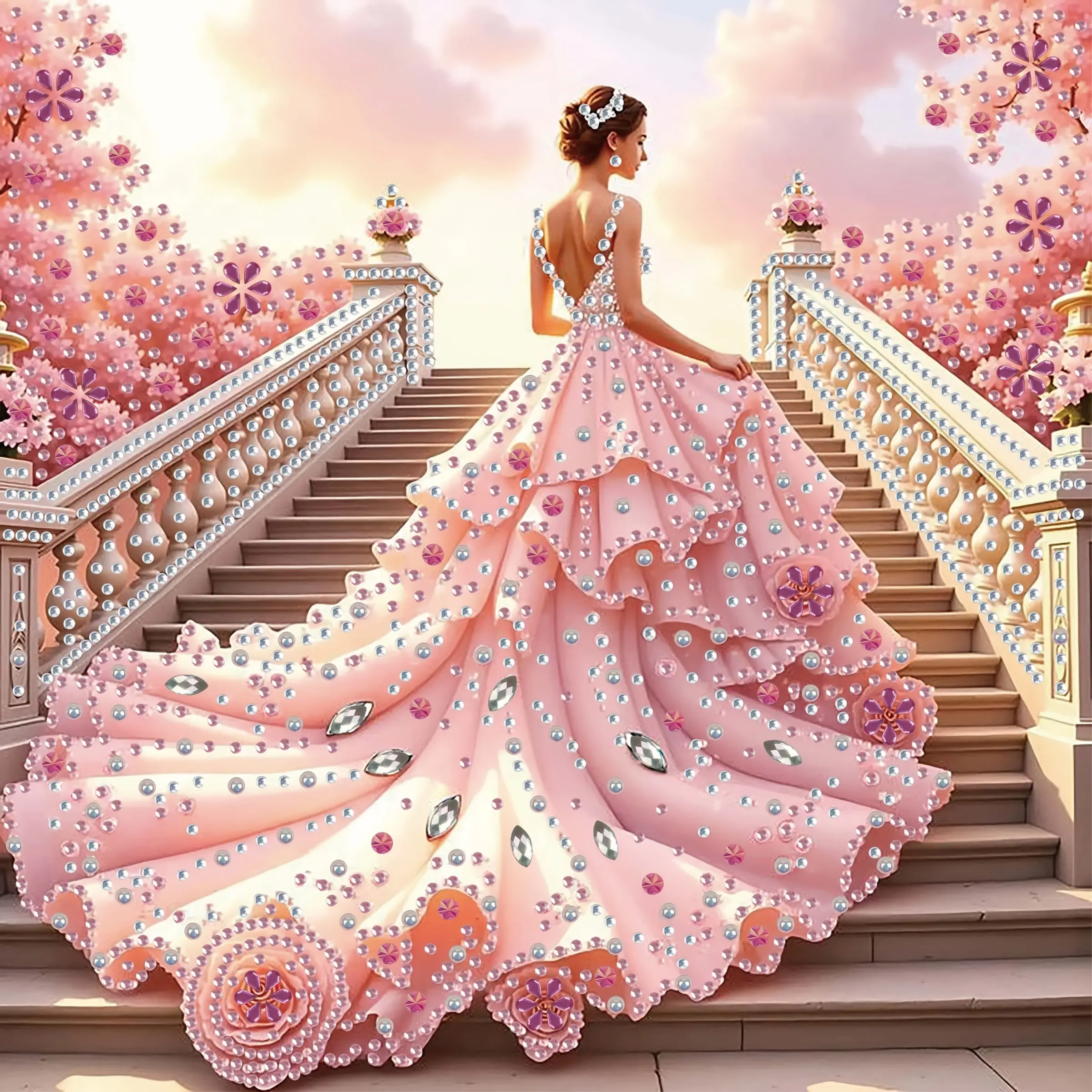 Diamond Painting Tool Kit Sakura Corridor Girl in Soft and Light, Irregular Round DIY Diamond Art with 3D Effect Diamond Painting Kits