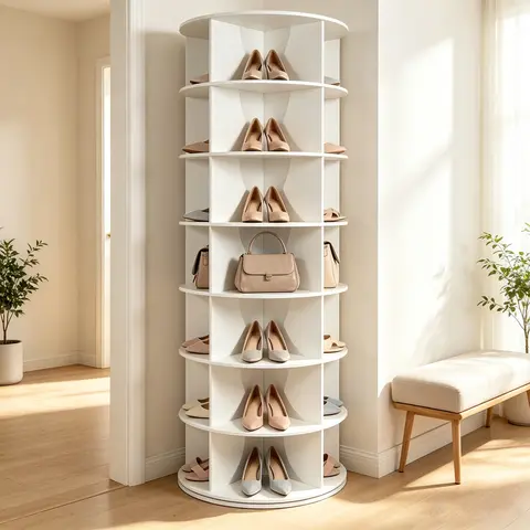7-Tier Plastic Shoe Tower - Freestanding Shoe Rack, Round Multi-Tier Storage, 360° Rotation Spinning Carousel, Holds 28 Pairs, for Entryway & Living Room Organization Display