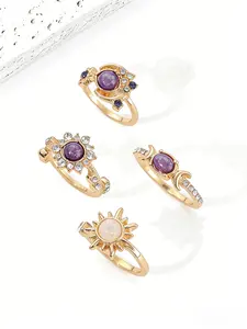 4-Piece Sun Moon Star Ring Set, Opal & Amethyst, Gold/Silver Plated Adjustable Open Rings, Daily Jewelry for Women, Perfect Gift for BFFs & Couples