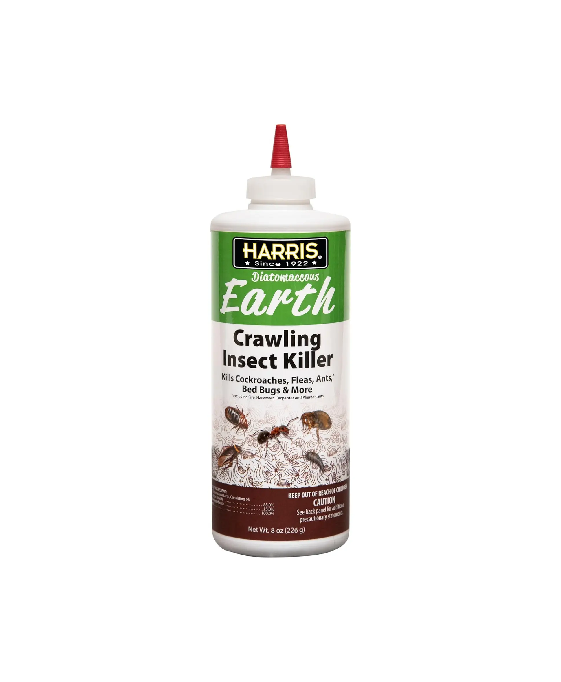 Harris 8 oz Diatomaceous Earth Crawling Insect Killer — 100% Natural Dust for Ants, Roaches, Bed Bugs, Fleas — Indoor & Outdoor Use