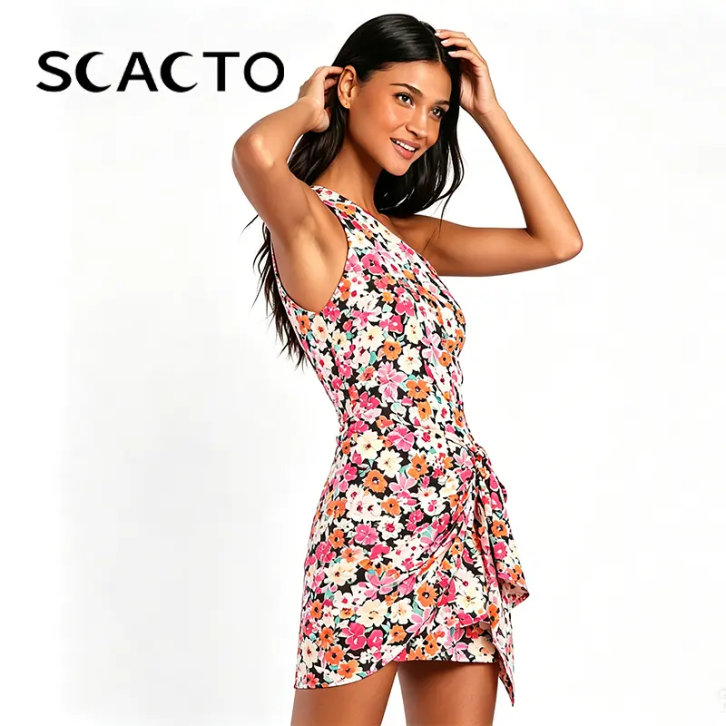 Scacto Holiday Off Shoulder Trim High Waist Beach Dress For Women Cold Shoulder Casual Short Sleeve Bohemian Off-Shoulder Floral Sleeveless Side-Cutout Mini Dress - Off-Shoulder, Printed, Side-Cutout Casual Dresses