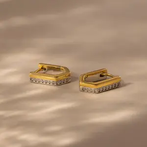 Pave Pointed Mixed Metal Hoops by Caitlyn Minimalist - Geometric Two Tone Huggie Earrings - Unique Everyday Earrings - Mixed Metal Jewelry - Friend Gift