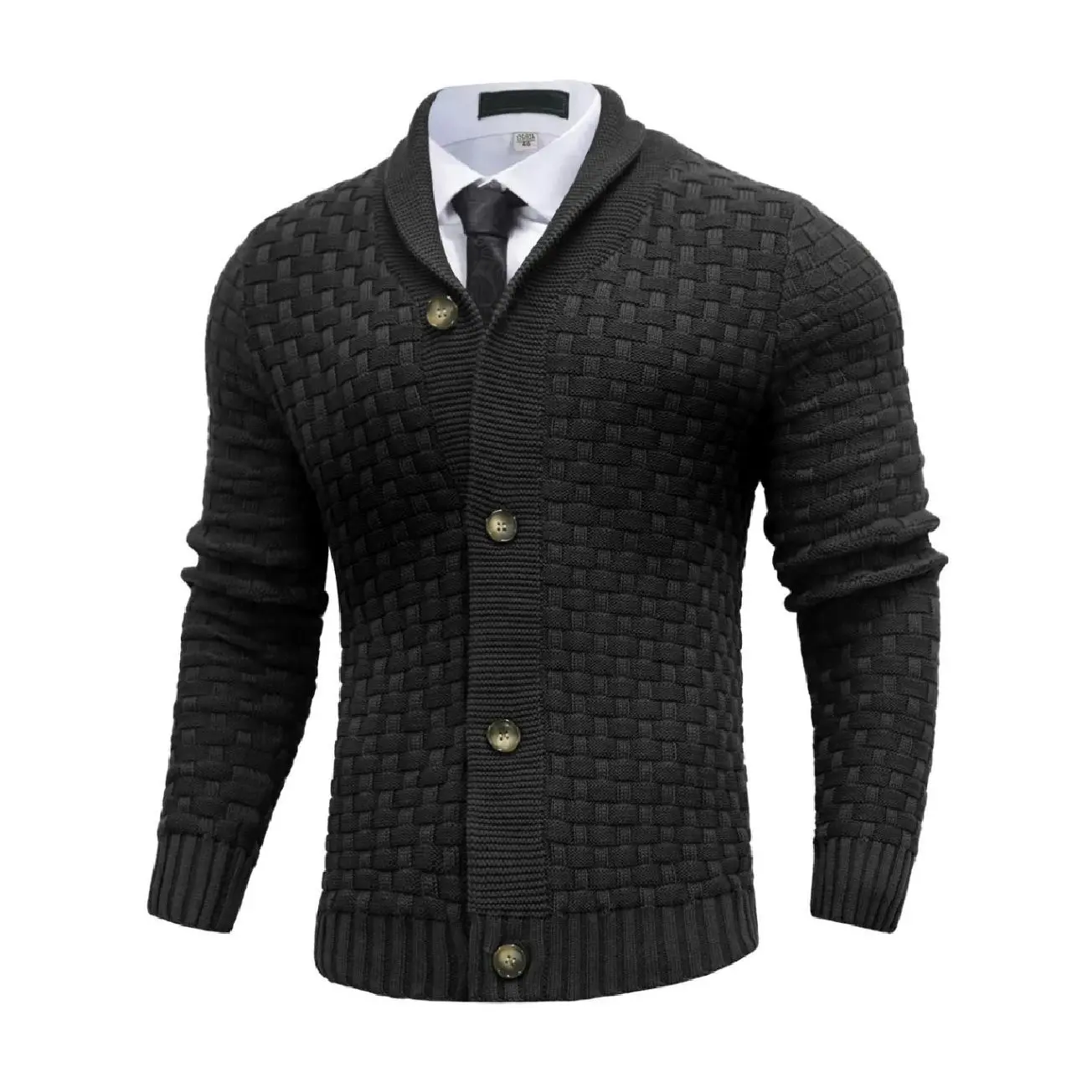 Men’s textured knit cardigan sweater with wood-grain large buttons, long sleeves, front-opening casual outerwear, suitable for layering in autumn and winter.