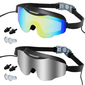 Adults Soft Silicone Swim Goggles Large Frame HD Wide View Anti-Leaking Anti-Fog UV Protection Adjustable Strap Earplugs Nose Congestion Support