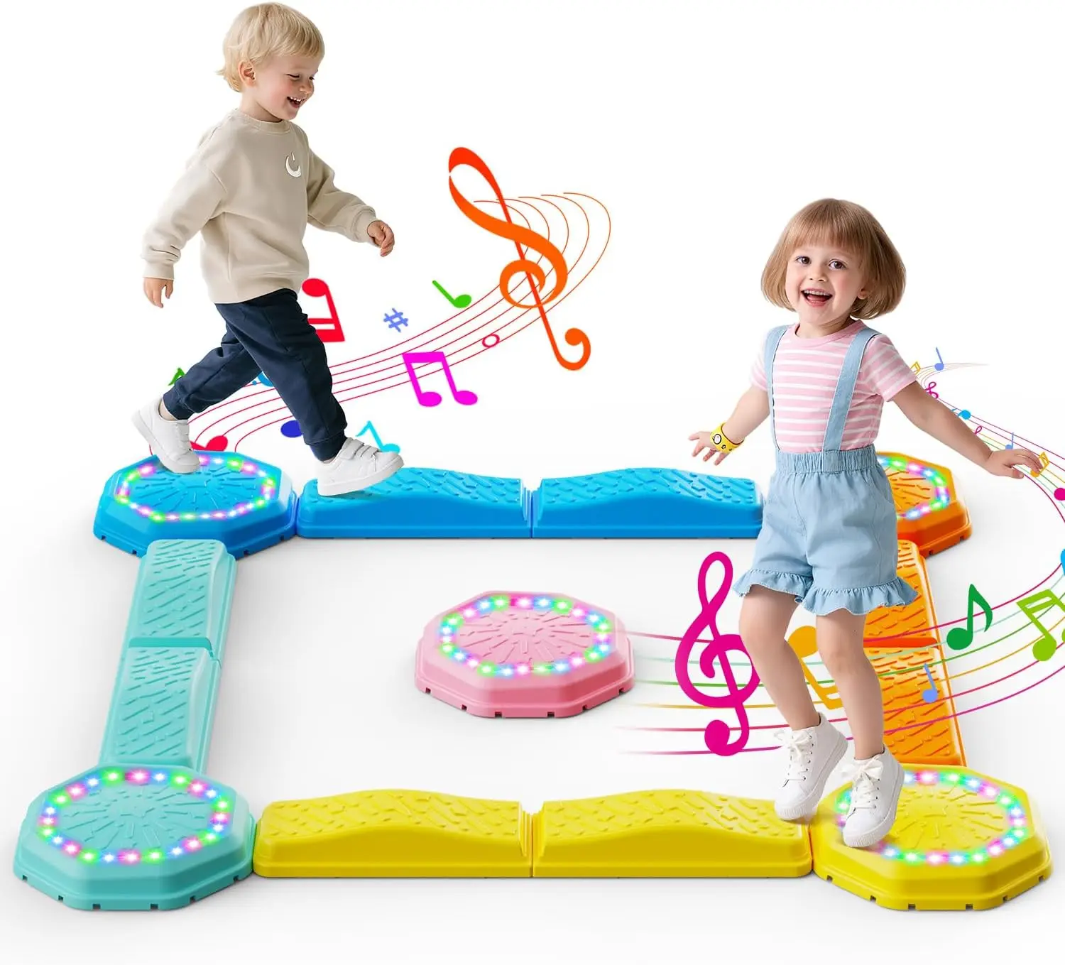 Non-Slip 13-Piece Music & Light-Up Balance Beam Stepping Stones, Non-Slip Plastic Stackable Sensory Toys for Indoor/Outdoor Play,summervibes, backyard fun, balance challenge summerwins