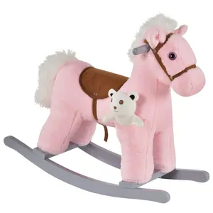 Rocking Horse for Toddlers,Kids Rocking Chair,Kids Baby Rocking Horse,Baby Horse Riding Toy,Child Rocking Horse Toy,Qaba Kids Plush Ride-On Rocking Horse with Bear Toy, Children Chair with Soft Plush Toy & Fun Realistic Sounds, Pink
