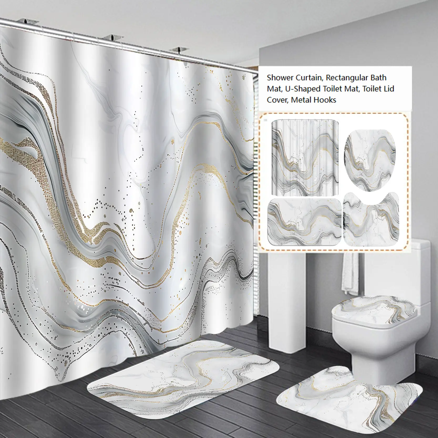 72x72 in Grey Gold Abstract Fluid Ink Swirl Marble Look Straight Shower Curtain Set (4-Piece) - Waterproof, Non-Slip Residual Water-Absorbent Rug, Metal Hooks, Minimalist Light Luxury Modern Marble Aesthetic Home Bathroom Decor, Shower Curtains, Absorbs R