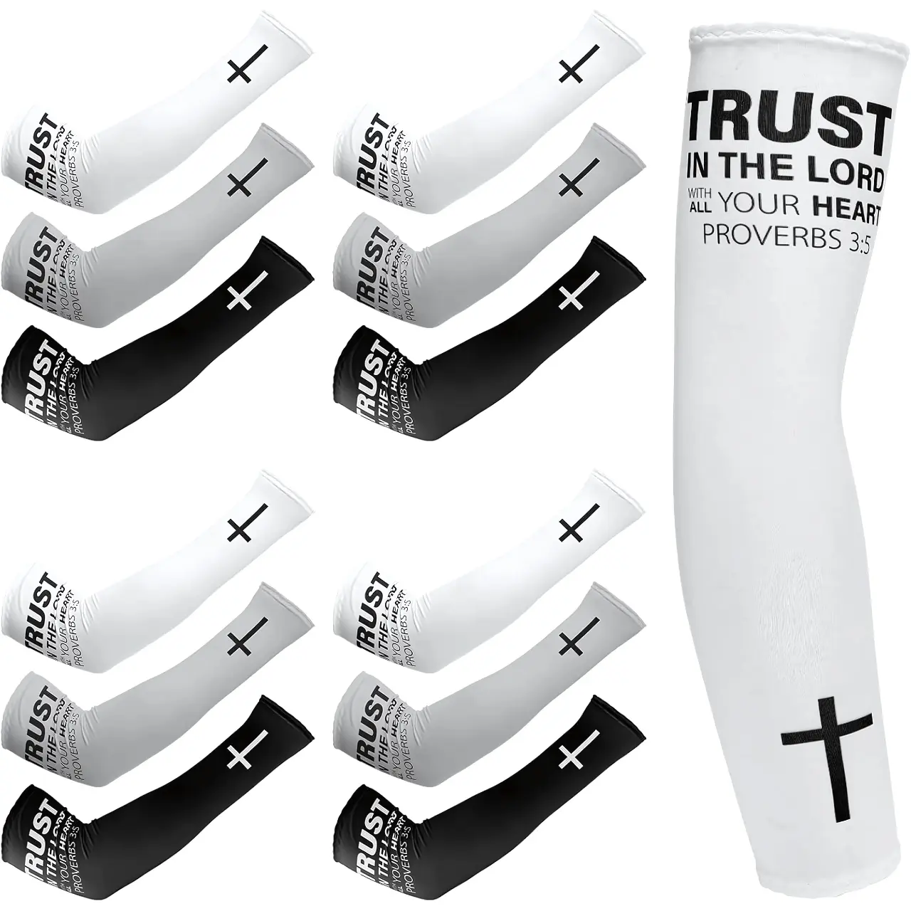 Trust in the Lord Men Women Arm Sleeves UV Protection for Sports Cycling Working 6 Pairs Black White Cross Design ice silk arm sleeve