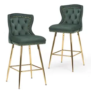 Bar Stools Set Of 2, Velvet Counter Height Bar Stools With Metal Legs, Button Tufted And Nailheads Trim, Wing-Back Bar Chairs For Kitchen Island Dining Room Pub, Green/Beige/Black/Blue/Gray On-Site