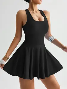 Women's Solid Color Racer Back Sports Dress, Tennis Dress Sleeveless, Casual Comfy Breathable Sleeveless Skater Dress for Yoga Gym Workout, Ladies Sportswear for All Seasons