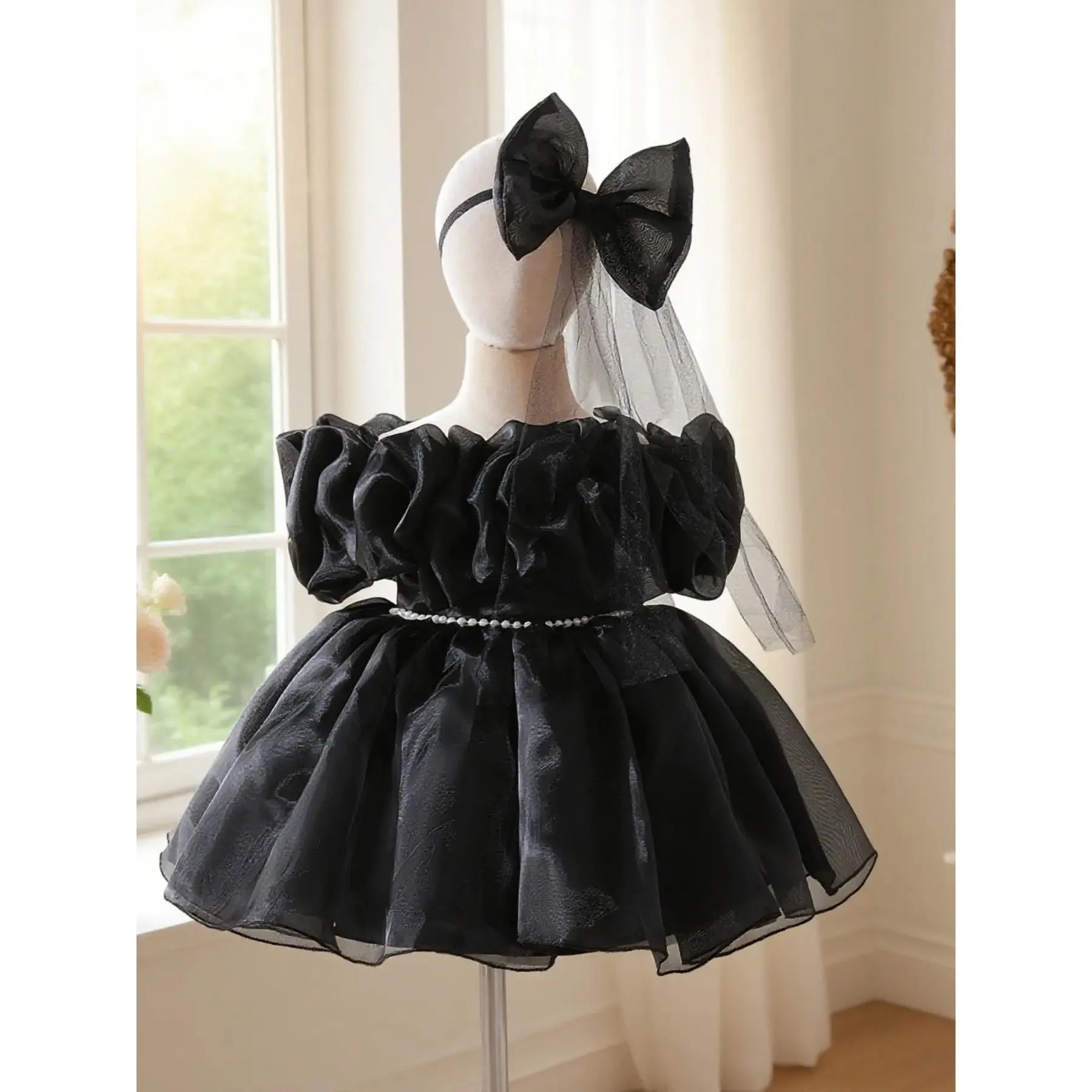 (Dress + Hair Accessories) Girls' Little Black Dress Elegant High-end Ruffle Dress Pearl Belt Design Suitable for Birthday Party Wedding Princess Seraphina Dress