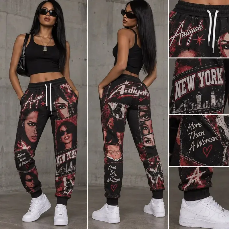 Aaliyah Sweatpants | Vintage R&B Music Fan Apparel | Y2K Grunge Faux Patchwork Joggers | Retro Hip Hop Graphic Pants
