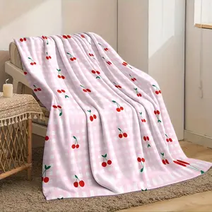 Pink Gingham Cherry Print Flannel Blanket - Soft, Cozy, Warm Fuzzy Plush, Kawaii Aesthetic Pastel, Perfect Gift for Girls, Ideal for Bedroom, Sofa Home Decor