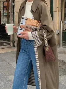 Women's Double Breasted Long Trench Coat Windproof Classic Lapel Slim Overcoat