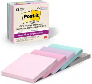 Post-It 100% Recycled Paper Super Sticky Notes, 3 In. X 3 In., 5 Pads, 70 Sheets per Pad, Wanderlust Pastels, School Supplies and Office Products 3M