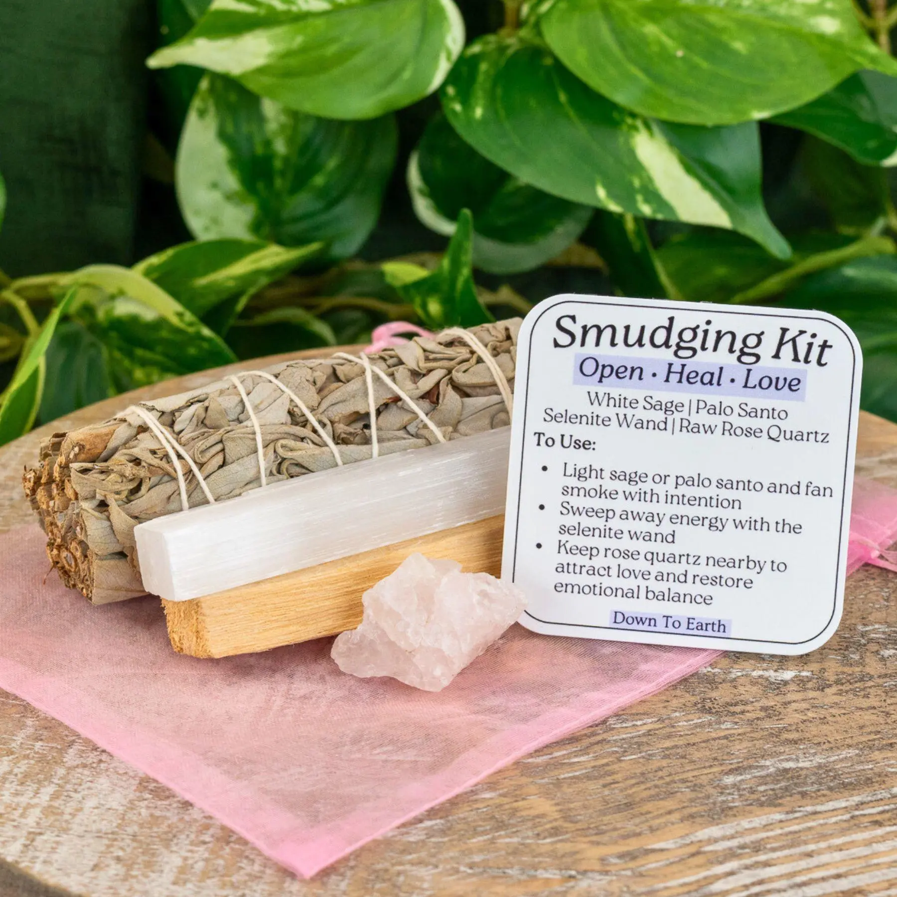Down to Earth Rose Quartz Smudging Kit - Organic White Sage Palo Santo Selenite Wand & Raw Rose Quartz for Spiritual Purification & Energy Healing