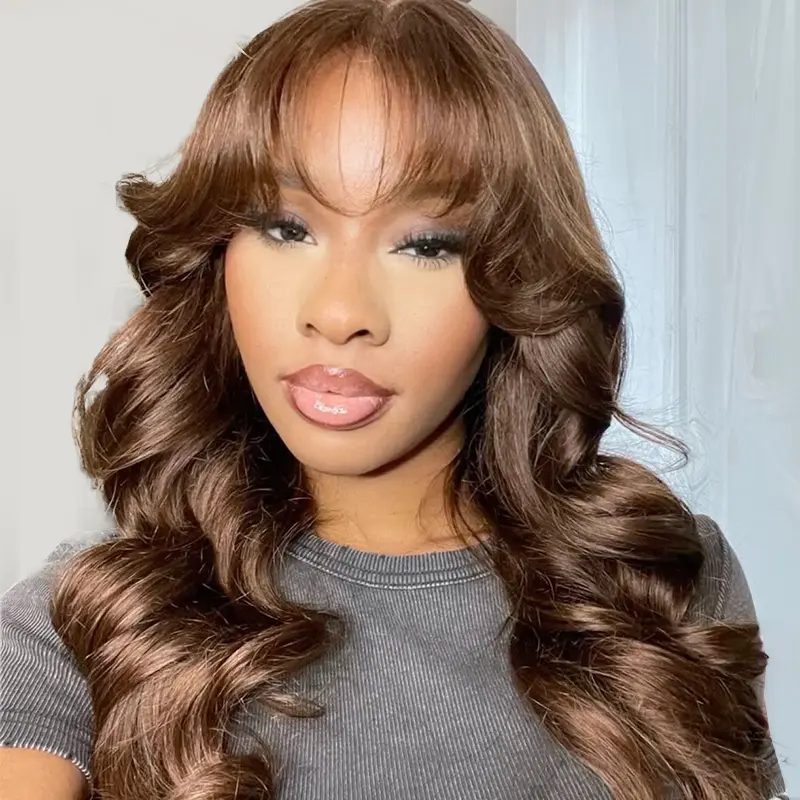 [New In] Wiggins Hair Chocolate Brown Body Wave Wig With Bangs Human Hair Glueless Wig 5x5 Lace Closure Wigs