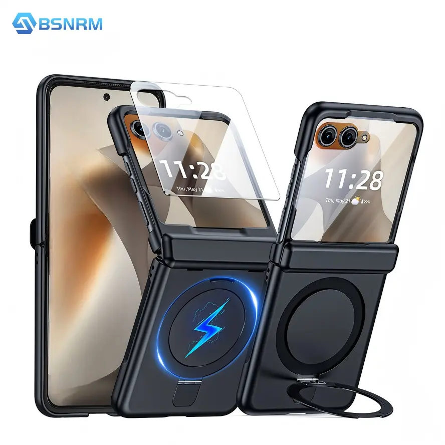 BSNRM For Motorola Razr 2026/2025/2024 Case, Razr Plus/Razr Ultra Flip Phone Case with Ring Stand, Magnetic Holder, Hinge Protection, Camera Guard, Shockproof Protective Cover