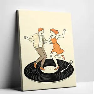 Vintage Vinyl Dance Canvas Print, Where Retro Swing Meets Music - Minimalist Couple Dancing on Record Player Wall Decor