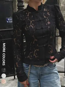 Women's Floral Lace Patchwork Button Front Top, Fitted, Early Spring Fashion, All over Print, Casual Daily Wear, Ladies' Blouse, Feminine Top, Womenswear