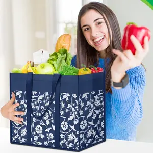 4-Pack Reusable Grocery Bags Foldable Tote Bags Bulk with Reinforced Handles Shopping Bags for Groceries Heavy Duty Kitchen Reusable Grocery Bags with Waterproof Coating 4-Pack, Blue