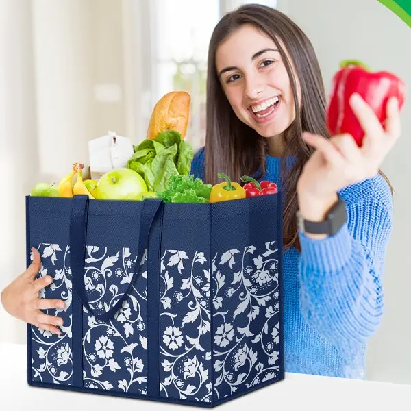 4-Pack Reusable Grocery Bags Foldable Tote Bags Bulk with Reinforced Handles Shopping Bags for Groceries Heavy Duty Kitchen Reusable Grocery Bags with Waterproof Coating 4-Pack, Blue