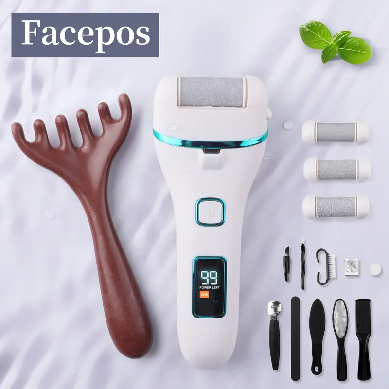 FACEPOS Rechargeable Lithium Battery Electric Callus Remover Foot Care Kit - Beauty Tools, 17 Pieces (1 Callus Scraper, 1 Double-Sided Sandpaper File), 3 Roller Heads, Exfoliating Foot Treatment, Smooth Pedicure, Dry Skin Removal, Nail Art Manicure Aid