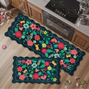 Farmhouse Boho Floral Kitchen Rug Set, Soft Plush Non-Slip Mats, Pet Friendly, Ideal for Living Room & Bedroom, Flower Pattern Rugs, Floral Washable Rug