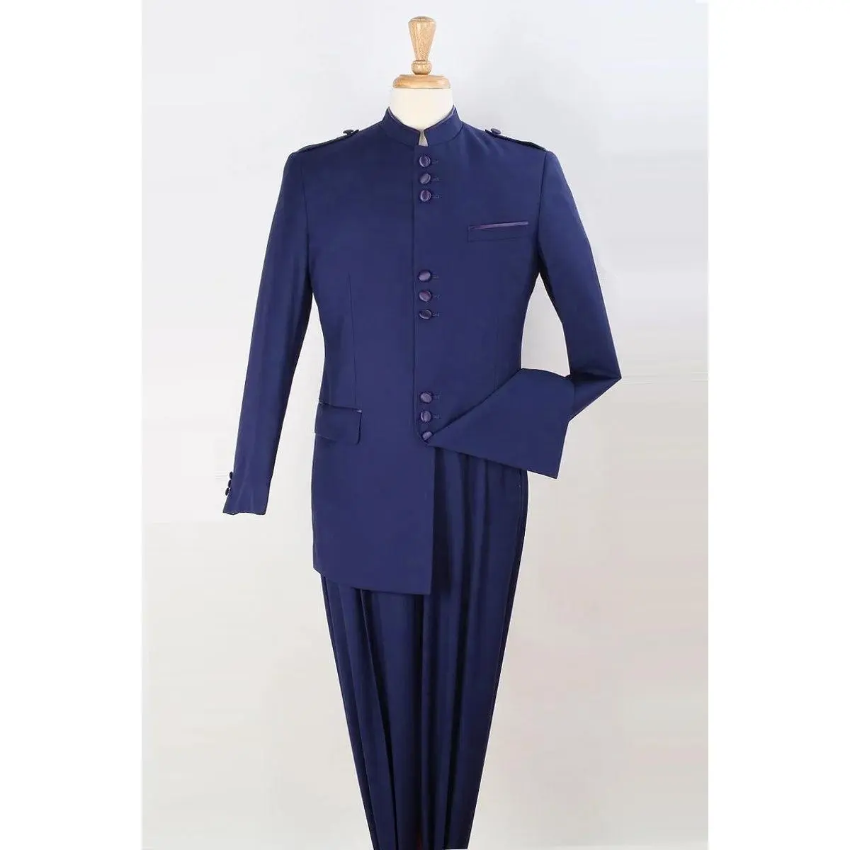 Mens Classic Military Banded Collar Mandarin Safari Suit in Navy