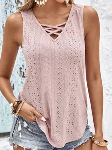 Summer Women’s Fashion Top, Casual Loose V Neck Vest, Breathable Hollow Out Fabric Design, Cross Tie Stylish Sleeveless Blouse, Tank Top