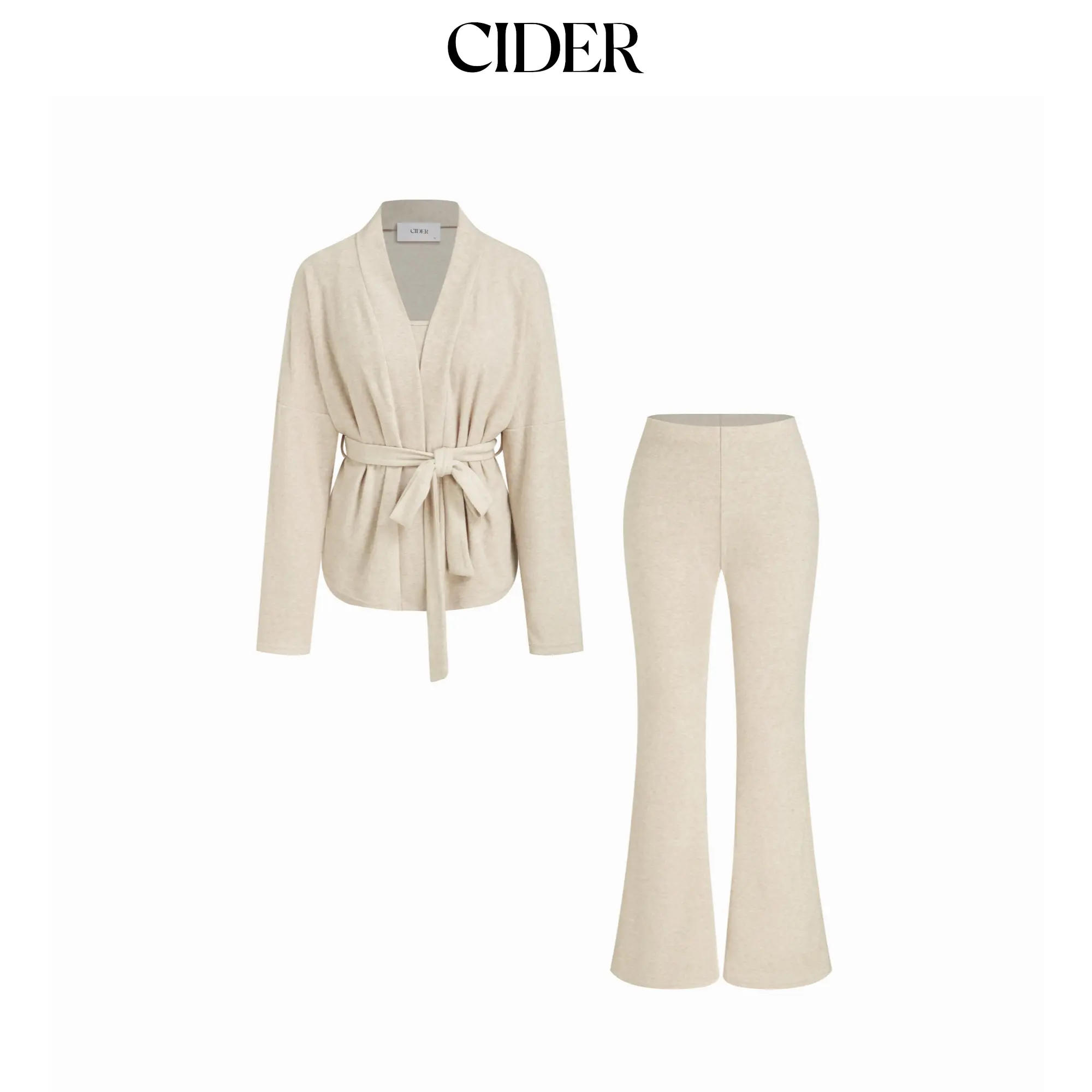Cider Women's 3-Piece Cozy Terry Loungewear Set with Belted Long Sleeve Top, Crop Tank, and High Rise Flare Pants, Nightwear, With Belt, Lady, Basic, Longsleeves, High Rise Flares, Cozy Ootd, Set Look, Terry Cloth, Belted Top, Cozy Look