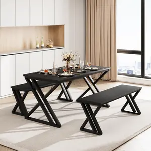 Garvee Dining Table Set for 4 with Sturdy Metal Frame, Rectangular Kitchen and Dining Room Table Set Including 2 Benches, Space-Saving Design Ideal for Apartments, Black Finish