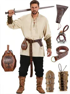 8Pcs Men's Renaissance Pirate S-plit Shirt Set Medieval Cosplay Costume Props Gothic Pirate Uniform For Larp Events